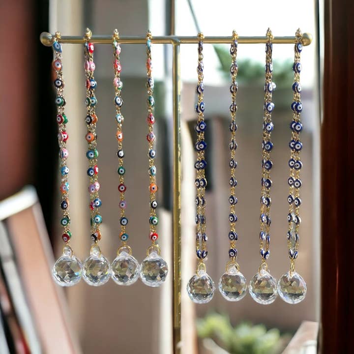 Guzel Handcrafts - Wholesale Suncatcher - Evil Eye Nazar Boncuk Chain Rearview Mirror Hanging Rainbow Suncatcher Car Charm Mal de Ojo Gift Box -- Quick Ship! -- Gold or Silver Chain