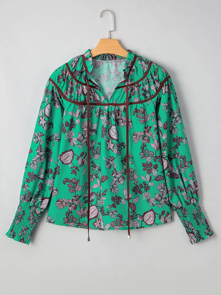 Green Leaves Print Contrast Trim V Neck Shirred Puff Sleeve Blouse for wholesale on Faire1