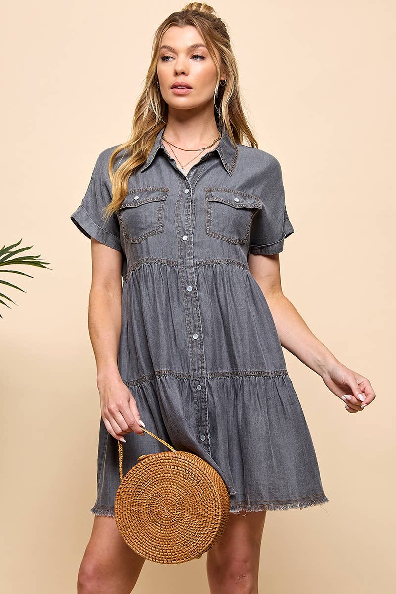 TIERED BUTTON DOWN DENIM DRESS for wholesale on Faire8