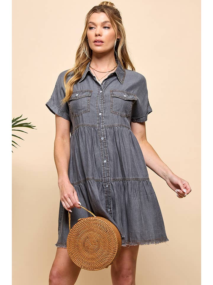 TIERED BUTTON DOWN DENIM DRESS for wholesale on Faire8