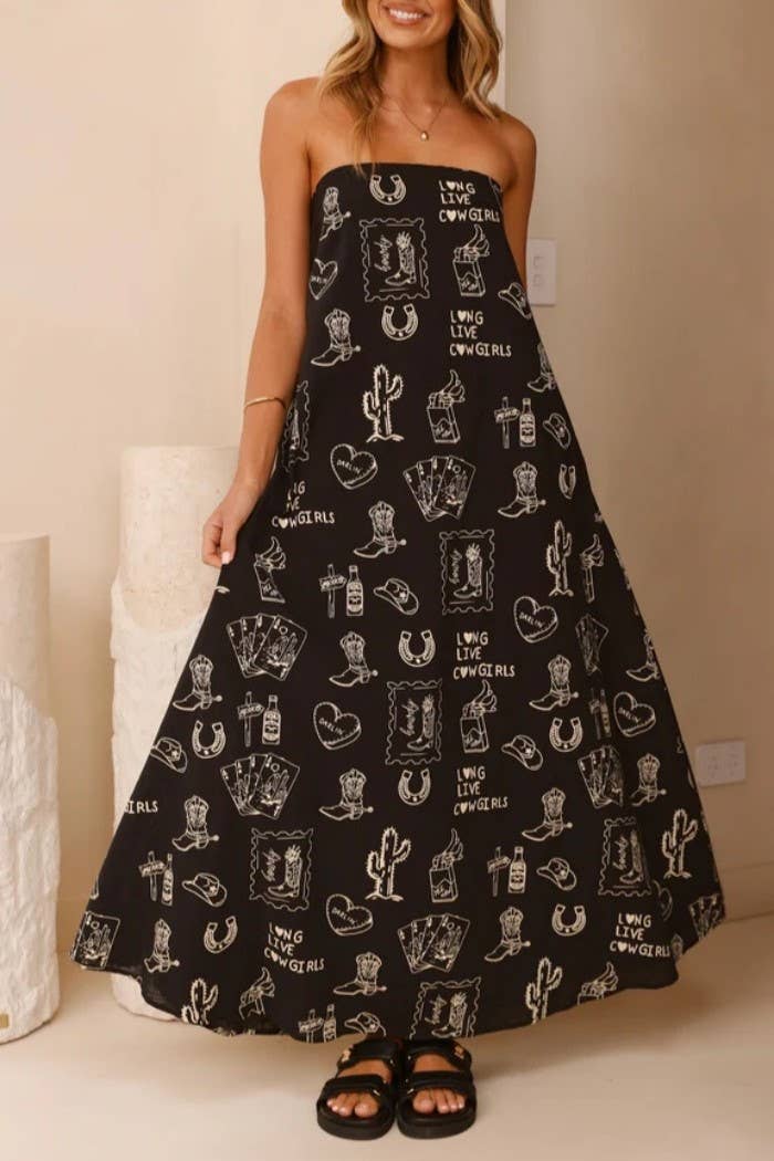 Rosa Clothing - Wholesale Dress - Women's - Western cowgirl Desert Theme print strapless dress11