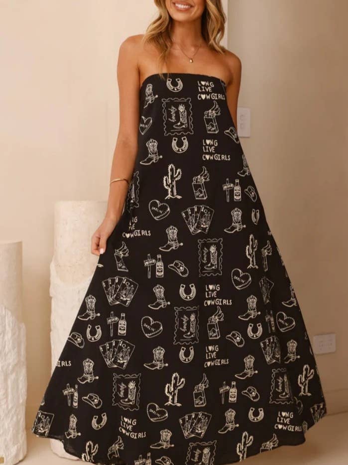 Rosa Clothing - Wholesale Dress - Women's - Western cowgirl Desert Theme print strapless dress11