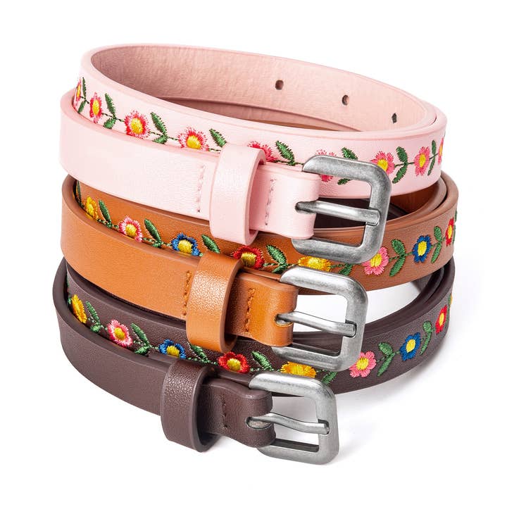 Girls' Embroidered Leather Belt – Boho Floral Pattern (4-14) for wholesale by Peppercorn Kids
