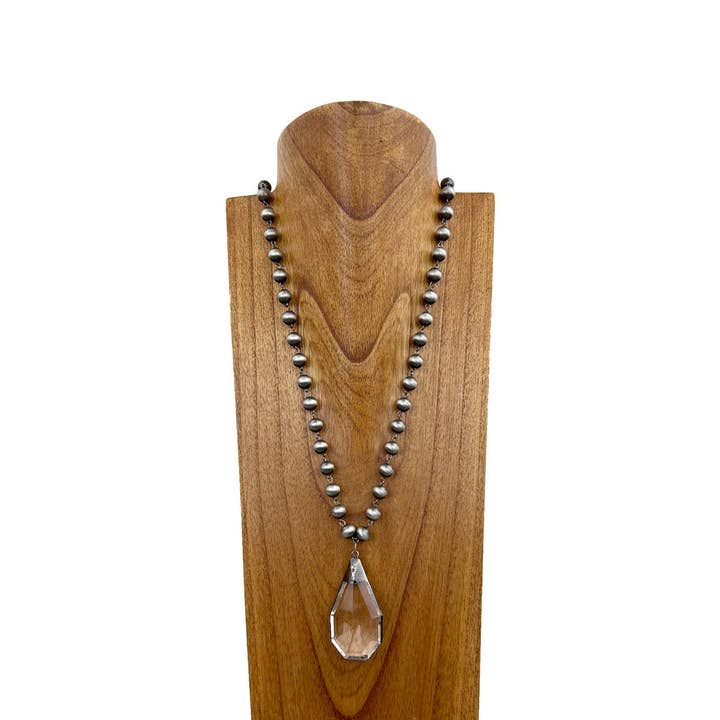 NKS230702-03 "33 Inches silver Navajo pearl beads with clear crystal teardrop pendant Necklace" for wholesale by Western Elite Jewelry