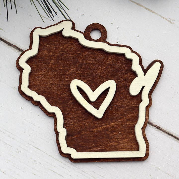 Wisconsin Layered Wood Christmas Ornament for wholesale by The Trendy Traveler