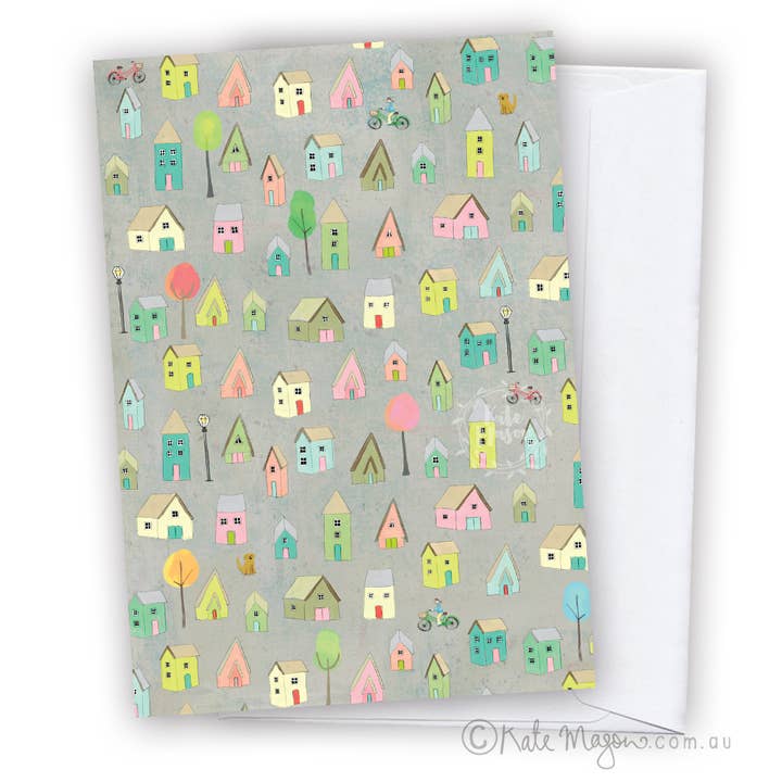 House Bikes Dogs GREETING CARD for wholesale by Kate Mason Artist