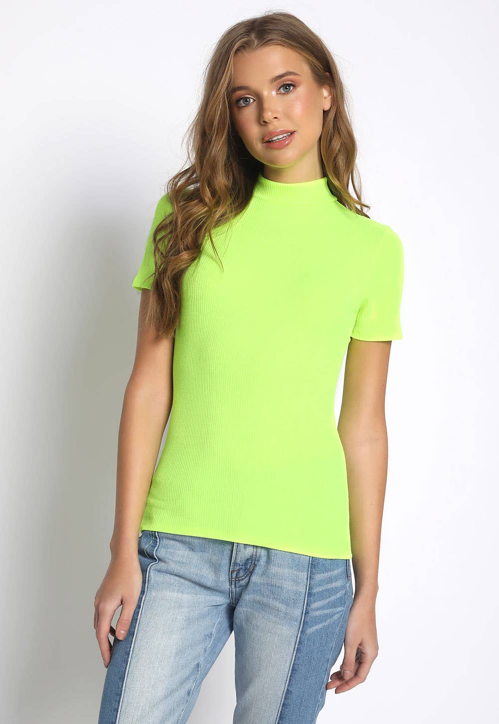 NEON LIME RIBBED MOCK NECK TOP - T6179-NLME for wholesale on Faire