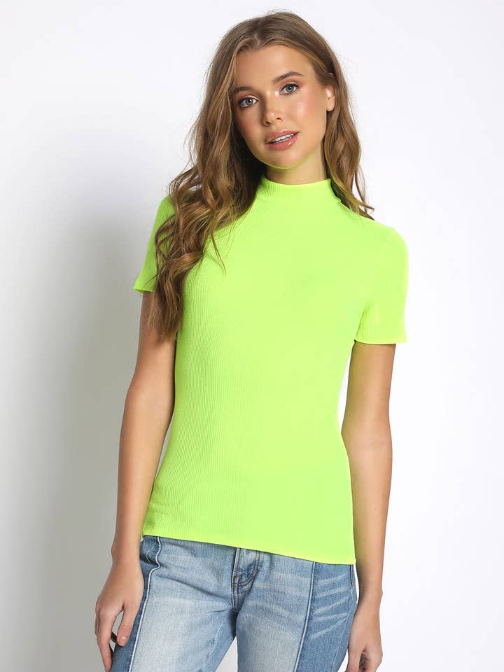 NEON LIME RIBBED MOCK NECK TOP - T6179-NLME for wholesale on Faire0
