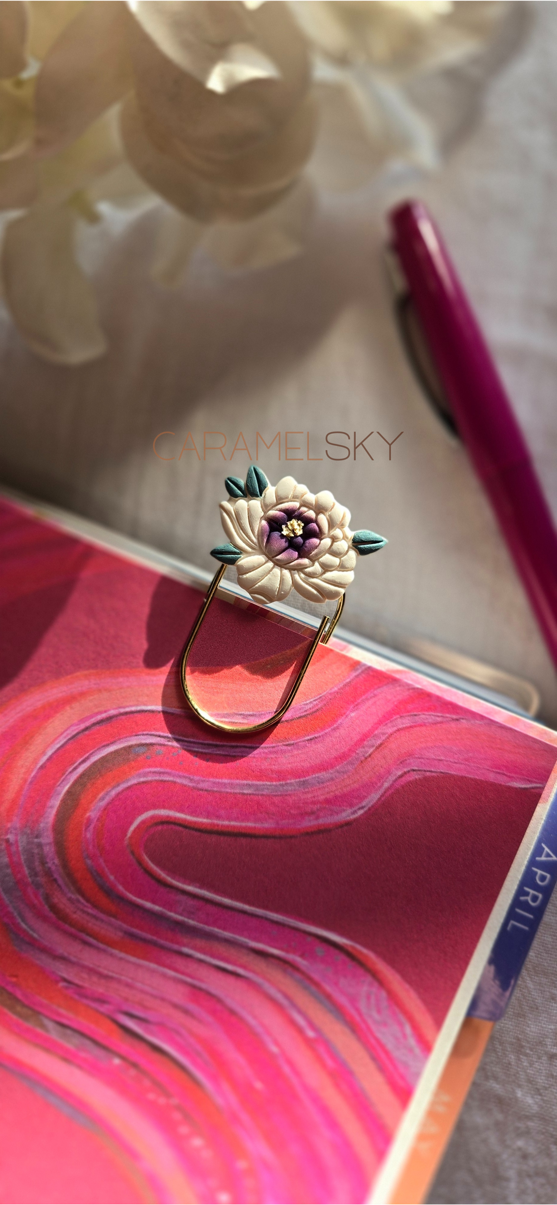 Caramel Sky – wholesale Bookmark – Handmade Peony Flower Paperclip Bookmark, Clay Bookmark5