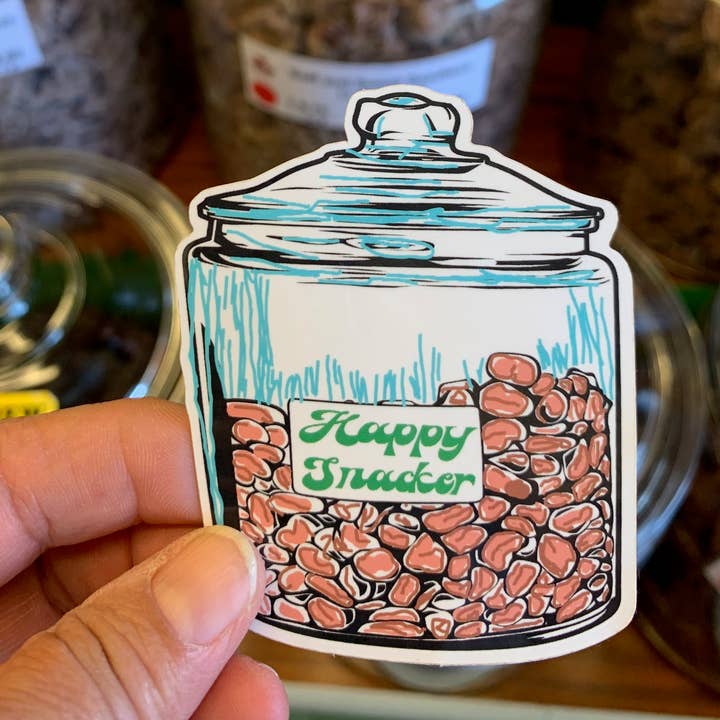 Happy Snacker Sticker Li Hing Mui Jar for wholesale by Debby Sato Designs