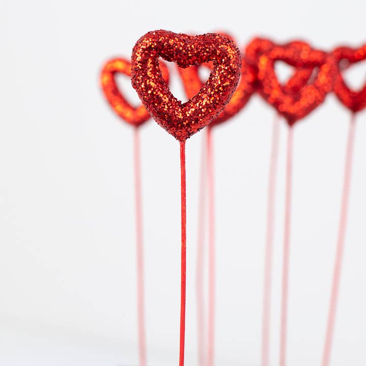 Factory Direct Craft - Wholesale Artificial Flowers - 8" Red Glitter Valentine Heart Picks (Pack of 7 Picks)3