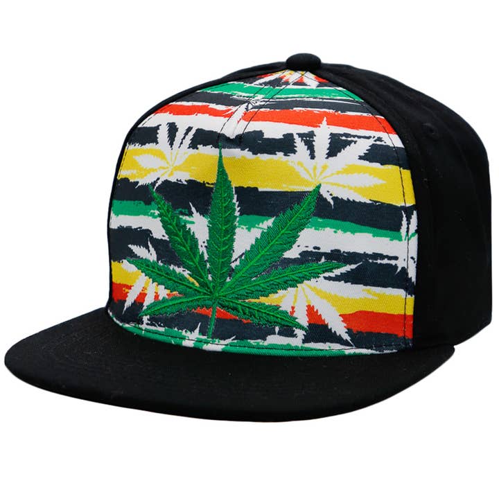 Cap Zone - Wholesale Flat Brim Cap - Unisex - Marijuana Leaf Rasta Paint Stripe Cotton Flat Bill Snapback