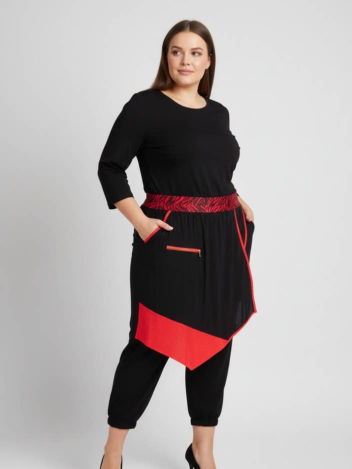 Plus size red layered effect harem pants (B86) for wholesale by Pomme Rouge Paris