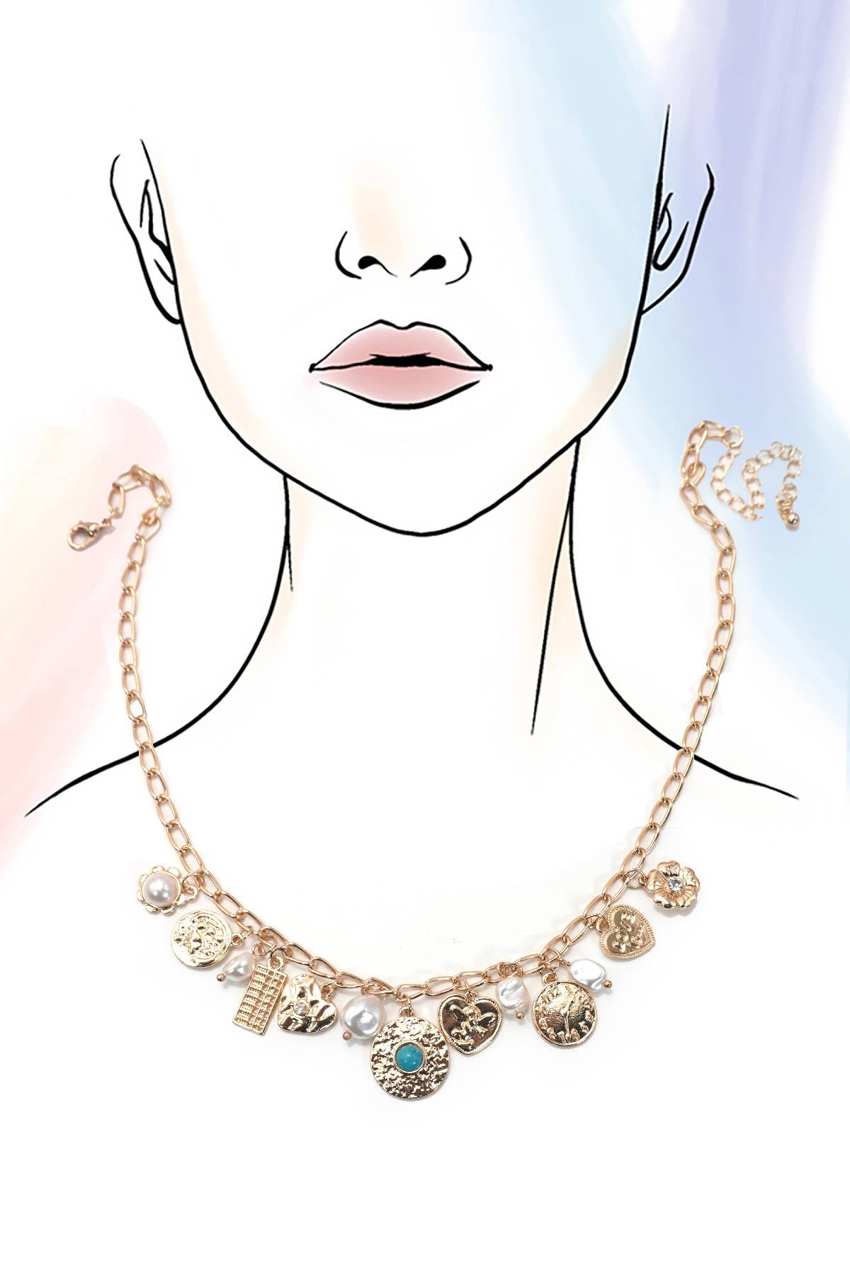 gold CHARM NECKLACE-PEARL HEART TURQ COIN CHARMS | 80N91418 for wholesale on Faire4