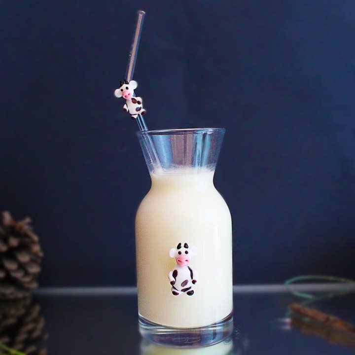 Adamodart - Wholesale Drinking Glass/Cup - cow decor glass milk bottle, small milk cup, reusable straw