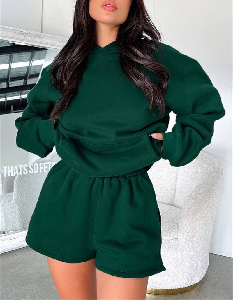 HIDDENBRAND - Wholesale Lounge Set - Women's - basic pocket hoodie &  drawstring short set outfits8