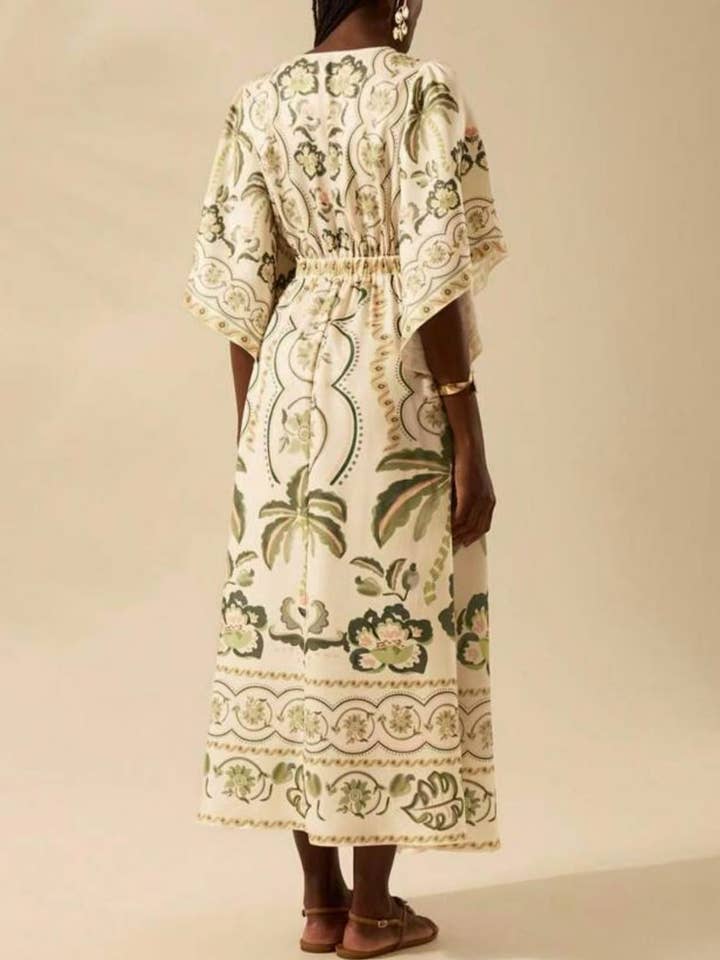 Rosa Clothing - Wholesale Dress - Women's - Exotic Tropical/ Floral Flair V-Neck Bell Sleeve Dress5