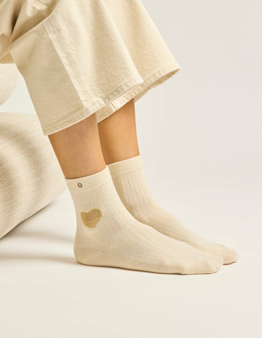 ODAJE - Vente Chaussettes – femme - Pack de 3 Chaussettes - Fantaisie coeur marron doré écru3