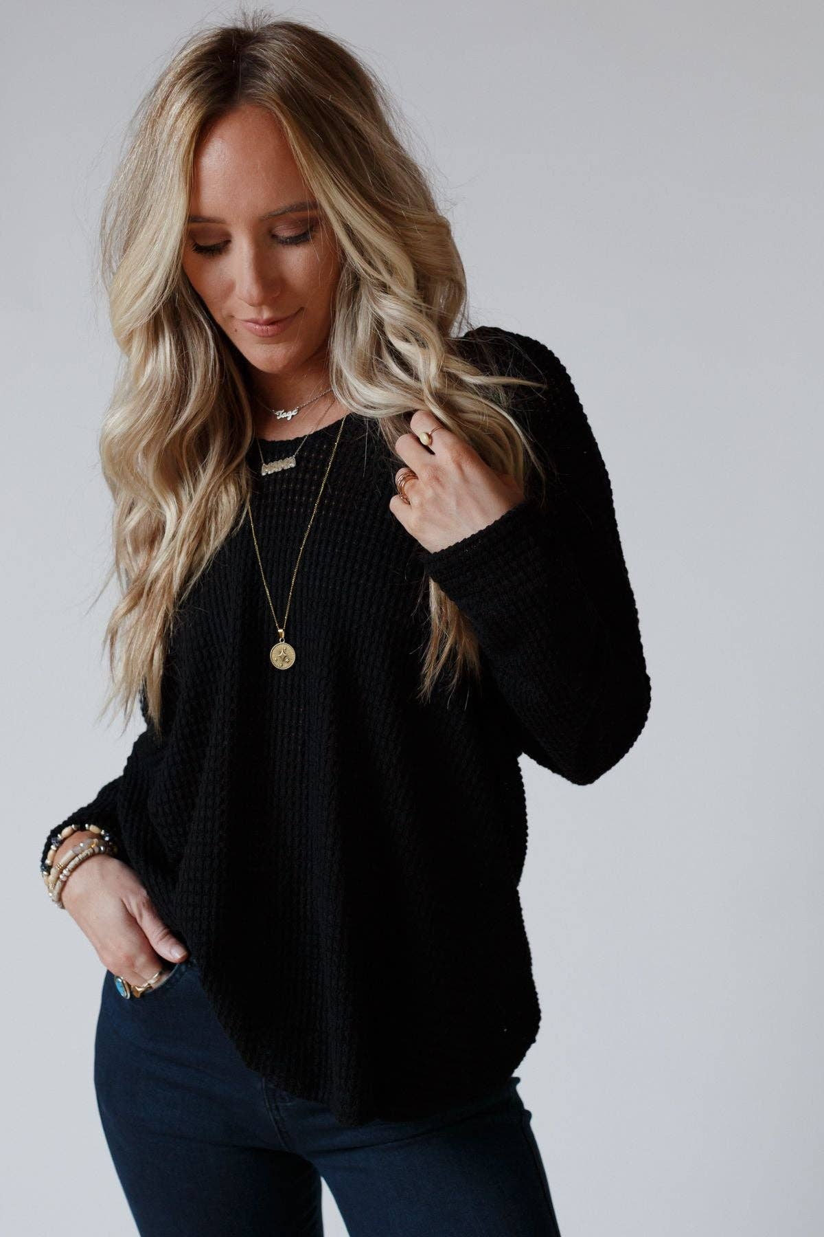 Three Bird Nest - Wholesale Knit Top - Women's - Flattering Open Back Thermal Knit Top - Black2