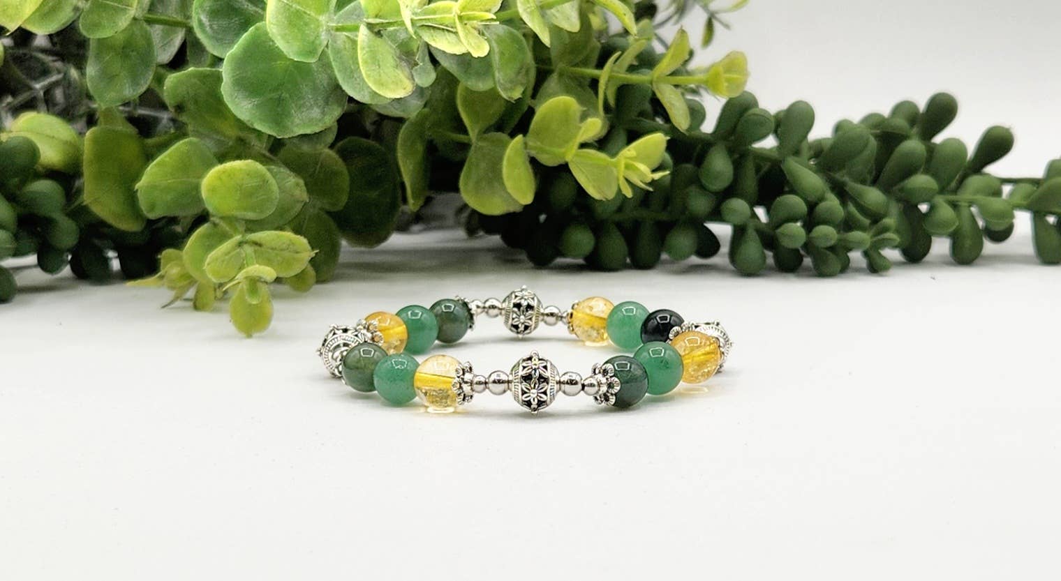 Meraki Gemstones - Wholesale Beaded Bracelet - WEALTH - Moss Agate, Green Aventurine, Citrine Bracelet 7.5"0