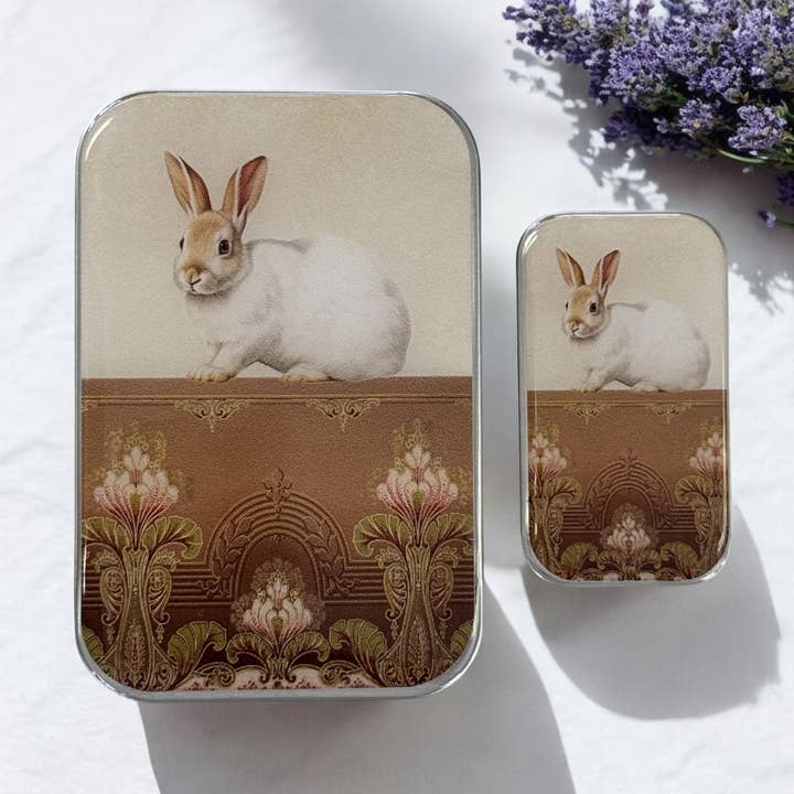 Sweet White Bunny Notions Tin for wholesale by Firefly Notes