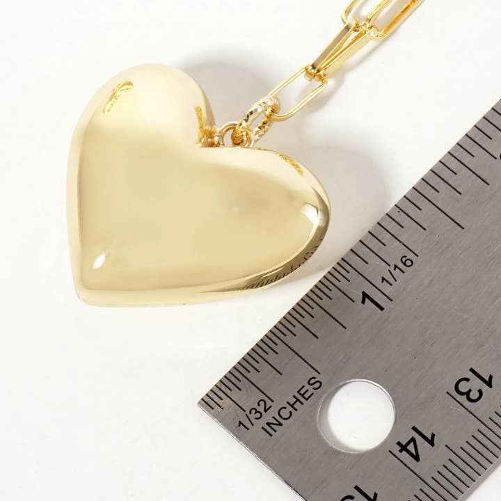 Wild Honey - Wholesale Pendant/Charm Necklace - 18K-Gold-Dipped 32mm Hollow Puffy Heart Pendant 18-inch Necklace2