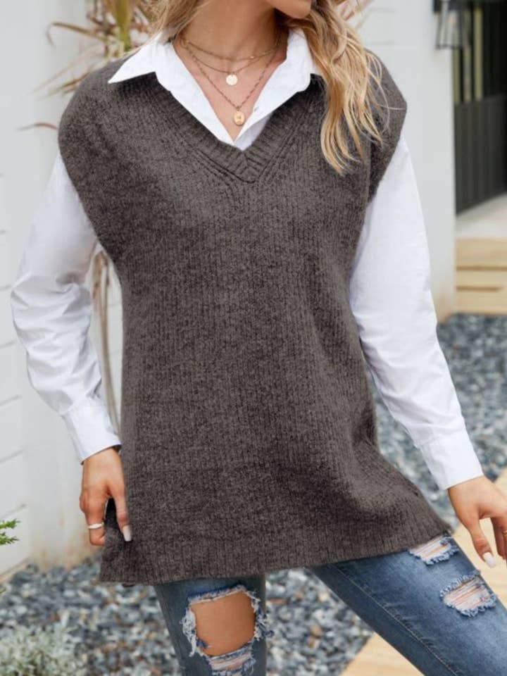 Classic Knit Side Slit Sweatervest for wholesale by Anna Kaci Wholesale