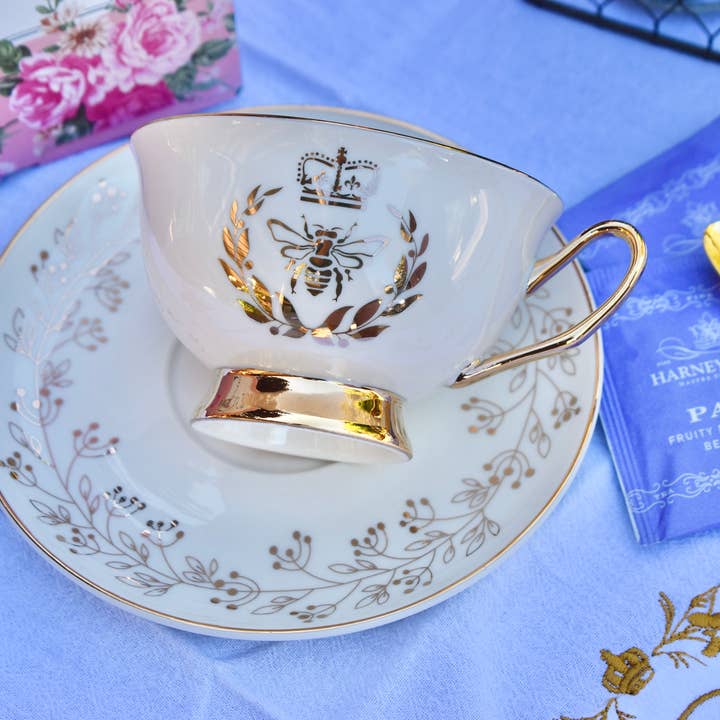 All Little Cute Things - Wholesale Tea Set - Regency Queen Bee Ivory Pearl with Gold Teacup and Saucer