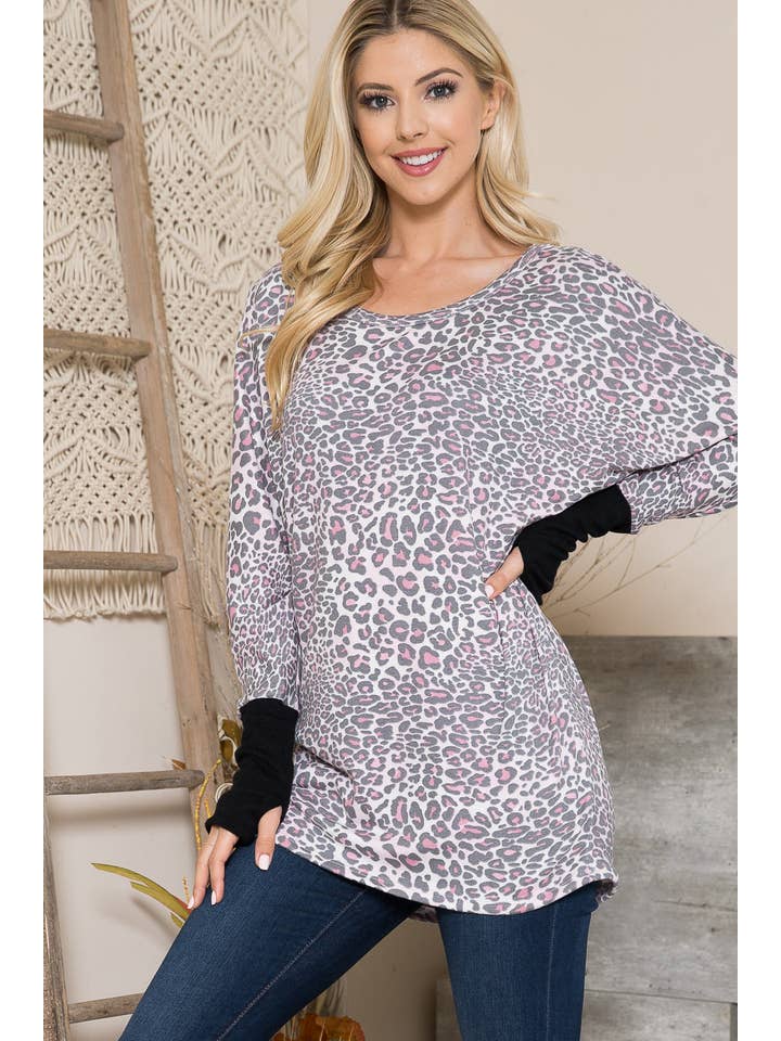Orange Farm Clothing - Vente Pull tunique – femme - Pull oversize ultra doux avec trous pour les pouces-2 couleurs-Leopard9