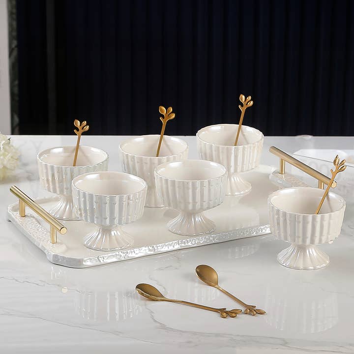 Boker-Tov Shalom - Wholesale Serving Tray - Porcelain Dessert Mugs with Coordinating Tray