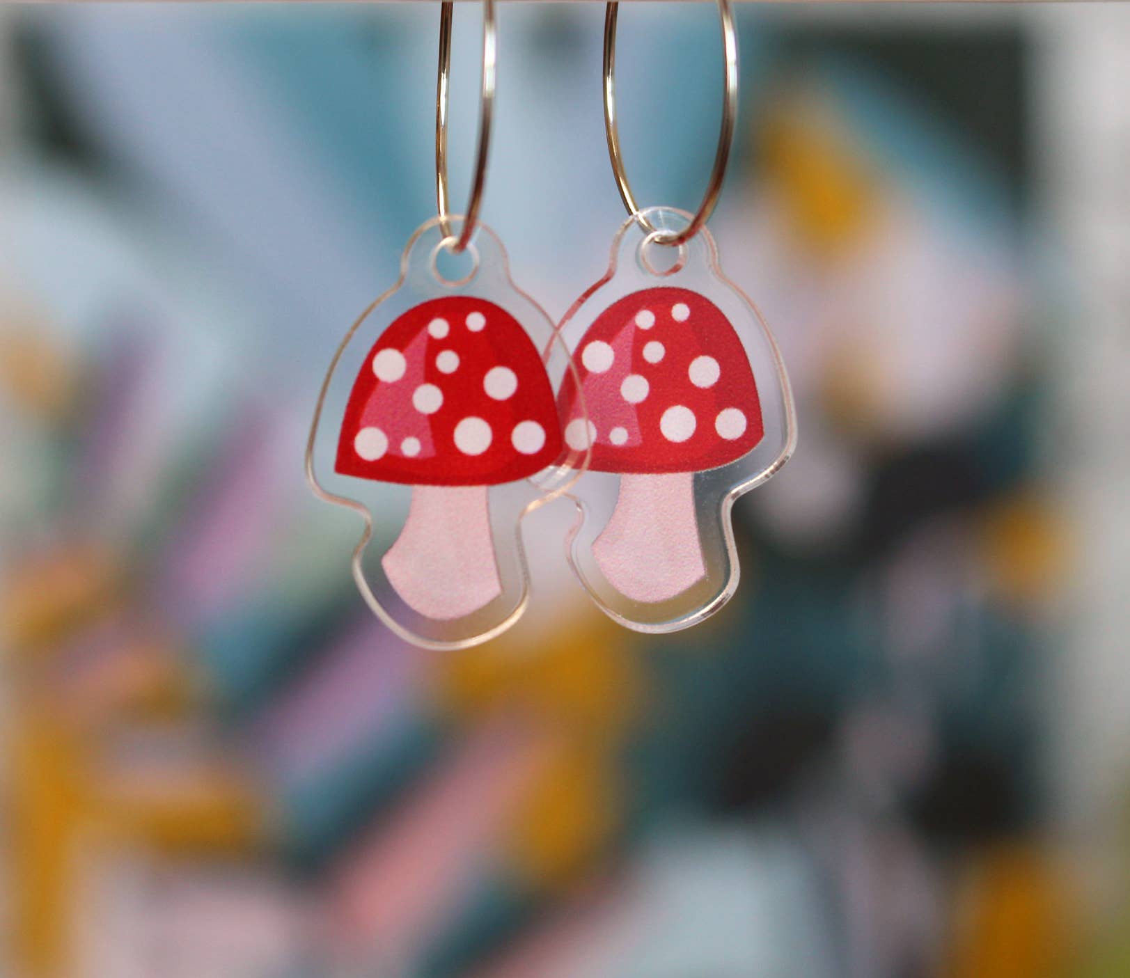 Paper Pattern Silk - Wholesale Dangle Earrings - Red Capped Mushroom Earrings, Cute Nature Dangles0