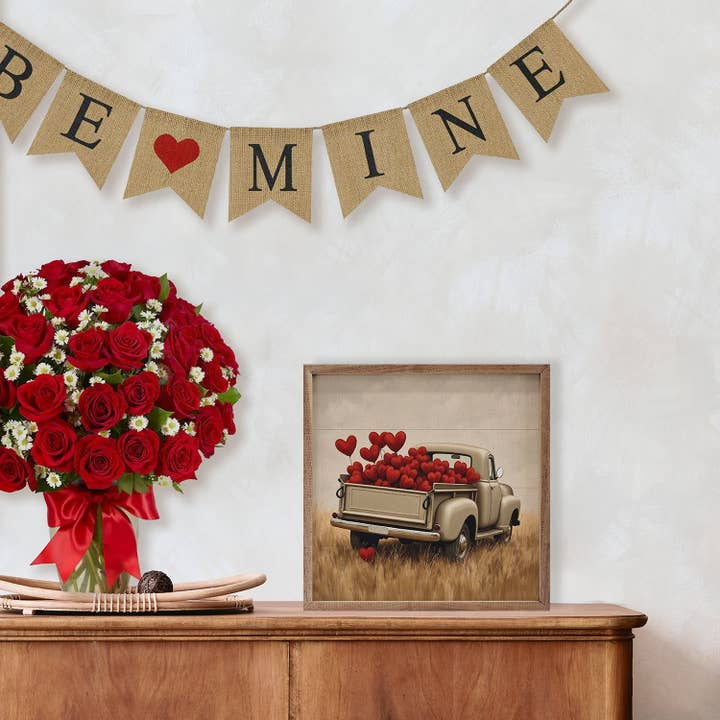 Kendrick Home - Wholesale Wood Wall Art - White Valentine's Day Truck Hearts