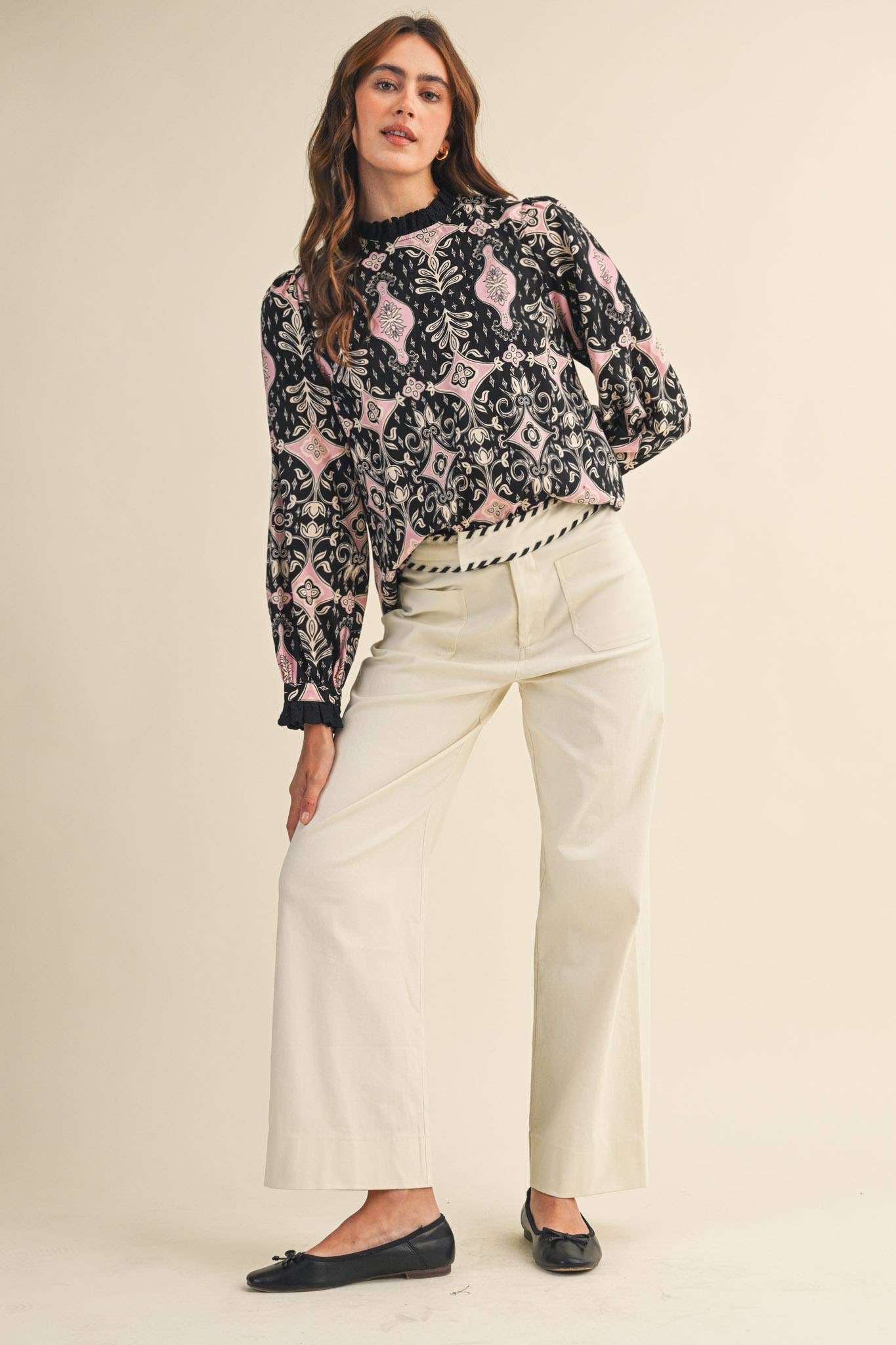 &MERCI - Wholesale Pants - Women's - HIGH WAIST WIDE LEG PANTS WITH WHIP STITCH TRIM MP421814