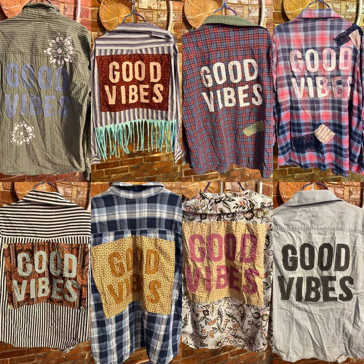 Boas vibrações botão reciclado topo estilo flanela superior por atacado de TimberJune