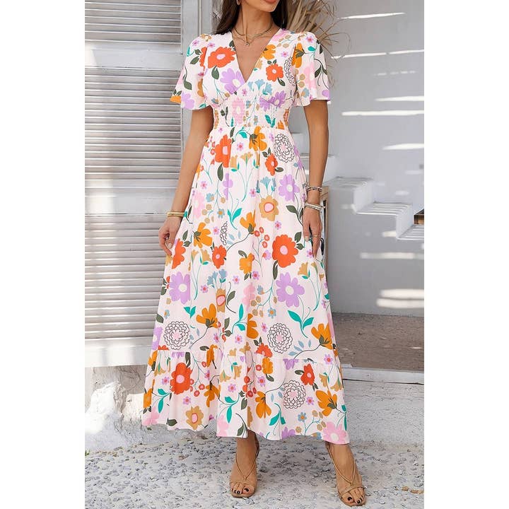 Elings - Wholesale Dress - Women's - Allover Print Deep V Elastic Waist Band Maxi Dress4