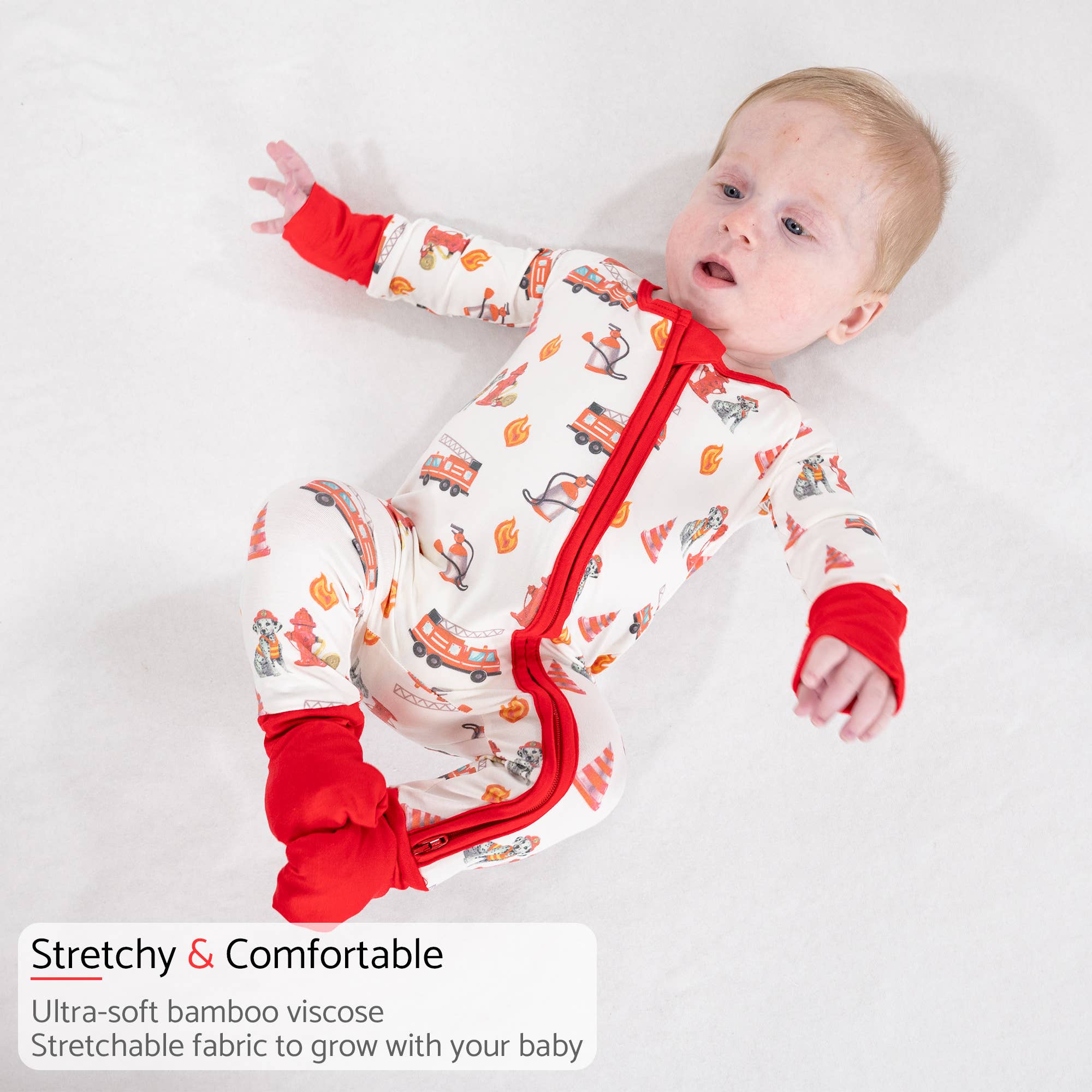 LollyBanks - Wholesale Sleepsuit - Baby - Firehouse Fido Baby Bamboo Pajamas, 2-Way Zipper Romper 2