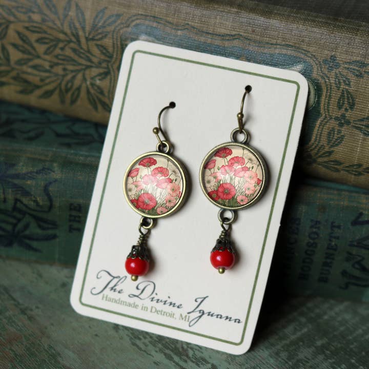The Divine Iguana - Wholesale Dangle Earrings - Pink and Red Poppy Flower Glass Cabochon and Bronze Earrings