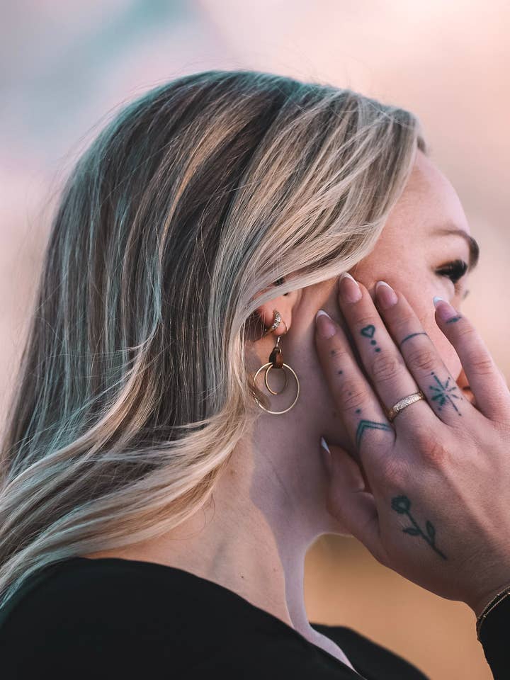 Brown Leather Oval & Double Brass Circles Earrings for wholesale by Whitebirch Handmade Goods