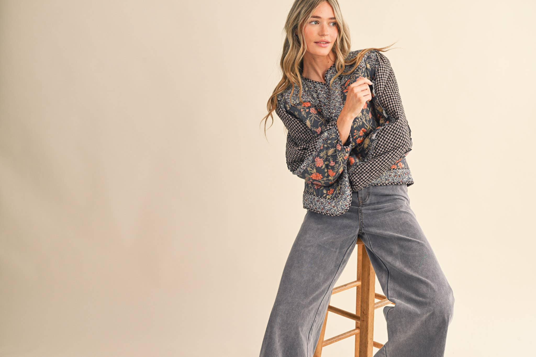 BURGUNDY MULTI MIXED PRINT QUILTED JACKET WITH RUFFLE TRIM MJK4531 for wholesale on Faire16