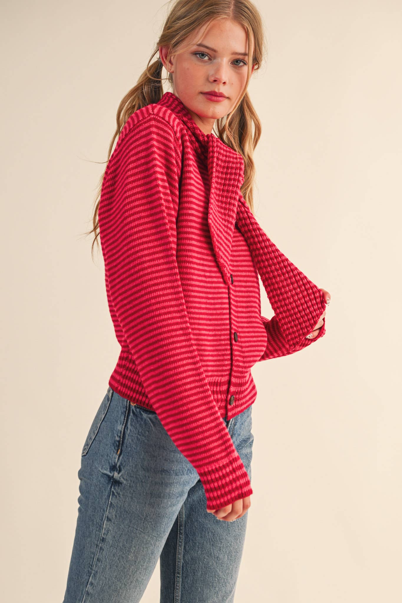 &MERCI - Wholesale Knit Sweater - Women's - STRIPED TYING NECK SWEATER CARDIGAN MSW1112534