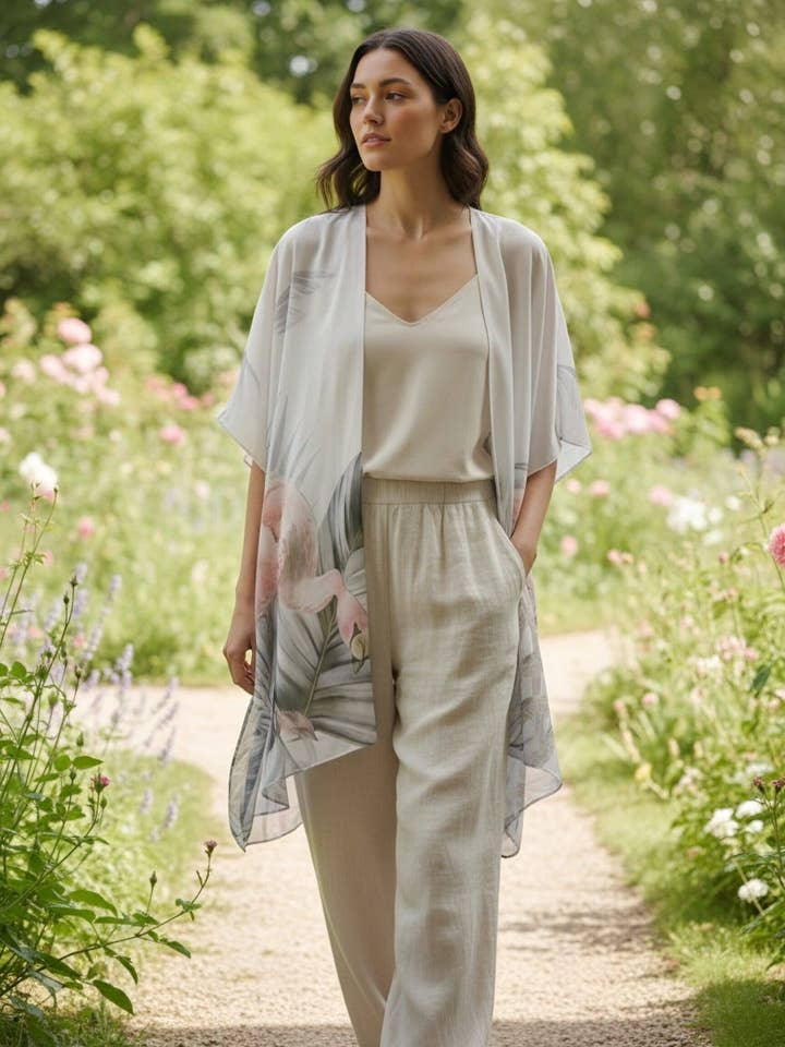 JC091730 L. Gray & Coral Flamingo Tropical Kimono/Cover-Up for wholesale by JC Sunny Fashion