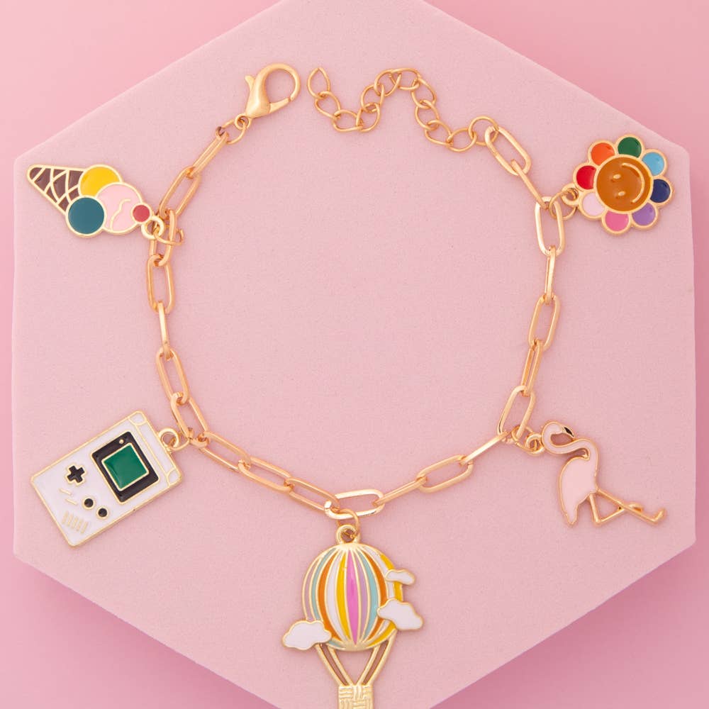 SP Sophia Collection - Wholesale Charm/Dangle Bracelet - 90’s Nostalgia Theme Charm Bracelet with Enamel Trinkets0