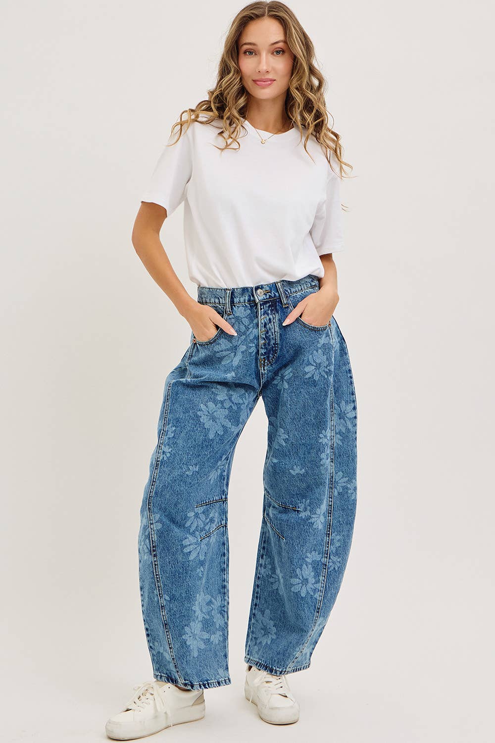 FLORAL PRINT DENIM BARREL JEANS for wholesale on Faire4