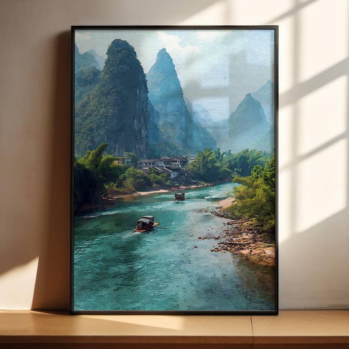 Yangshuo, Chine – Impression artistique à l’aquarelle pour la vente par Premium Travel Art