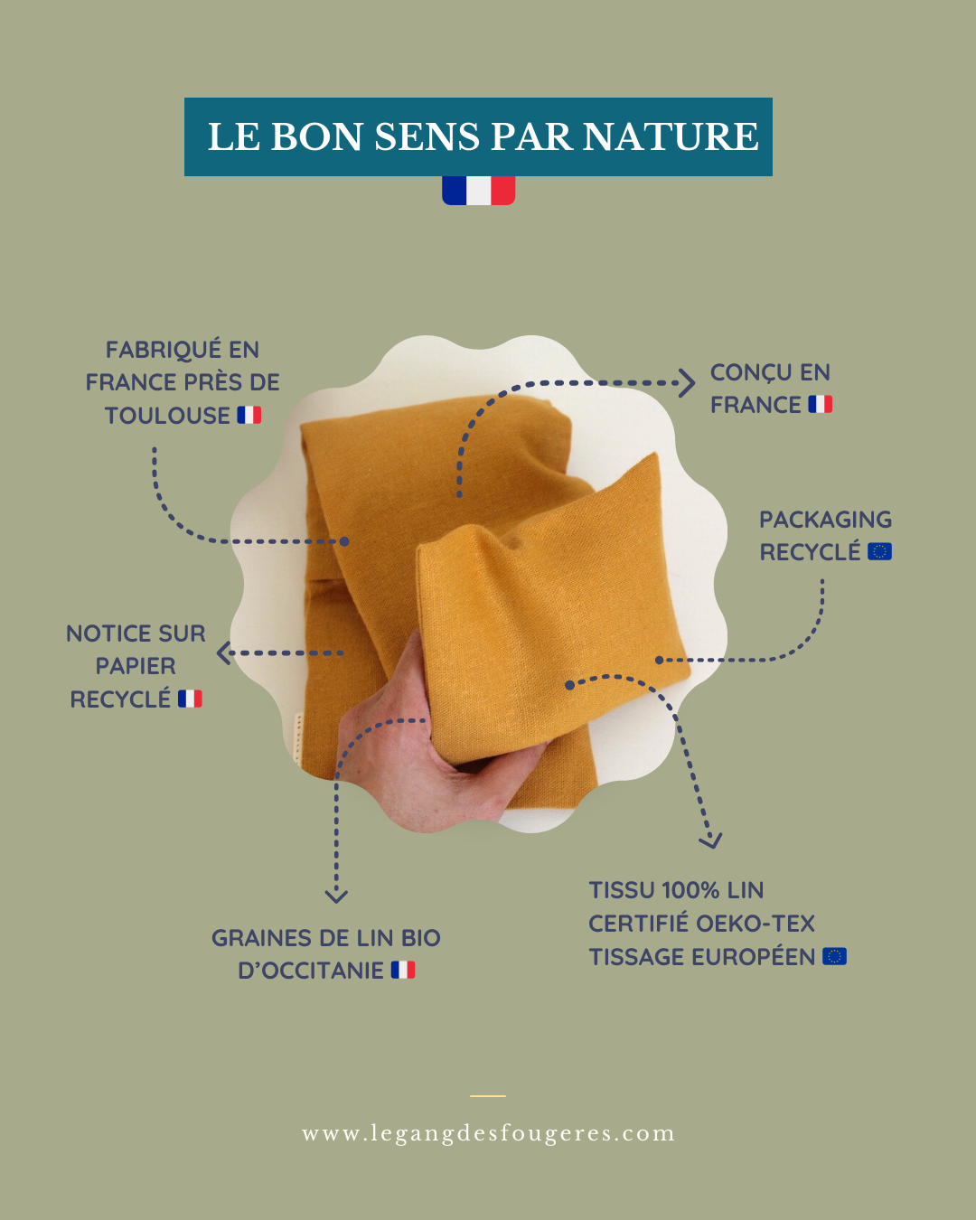 Le Gang des Fougères - Vendita all'ingrosso Impacchi caldi/freddi - Cuscino riscaldante cervicale con semi di lino - Lino giallo senape4