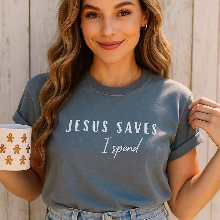 Jesus Saves I Spend Tee, Christian, Funny, Graphic for wholesale by Soleinspire