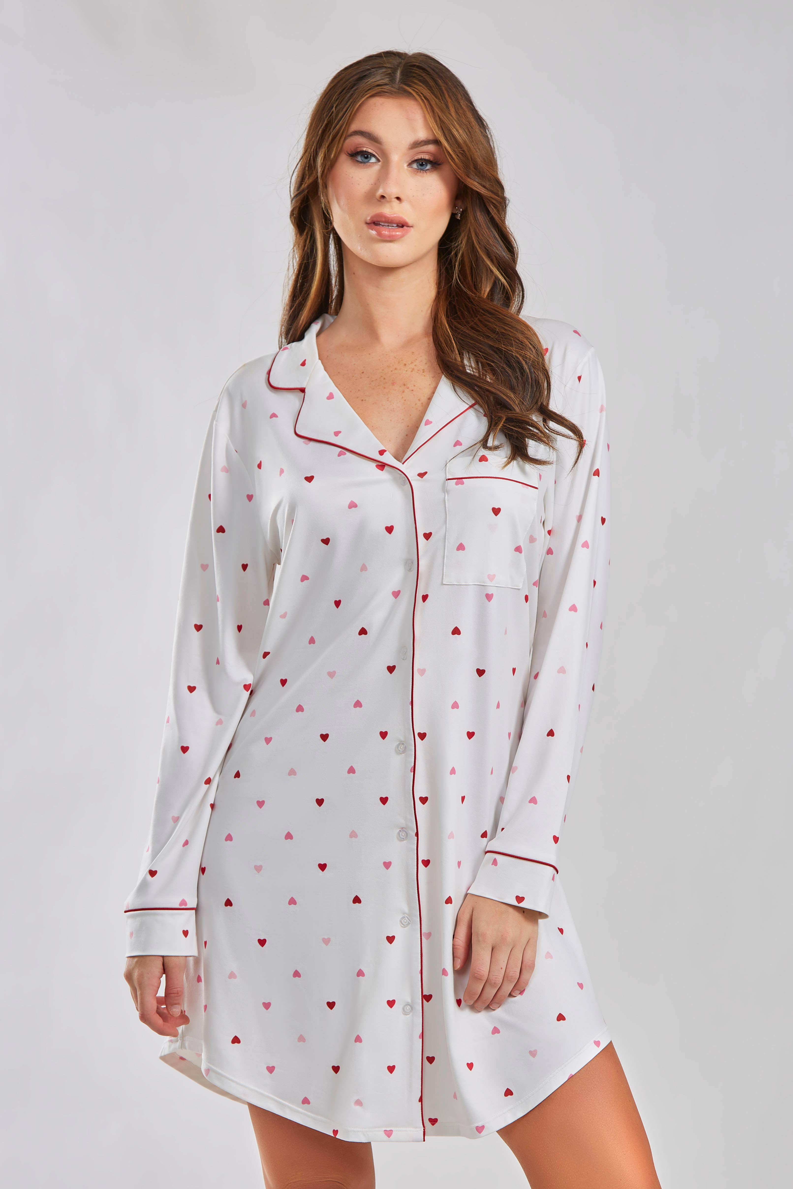 Bianco-Rosso Camicia da notte in maglia con bottoni di Anjela Hearts in vendita all'ingrosso su Faire0
