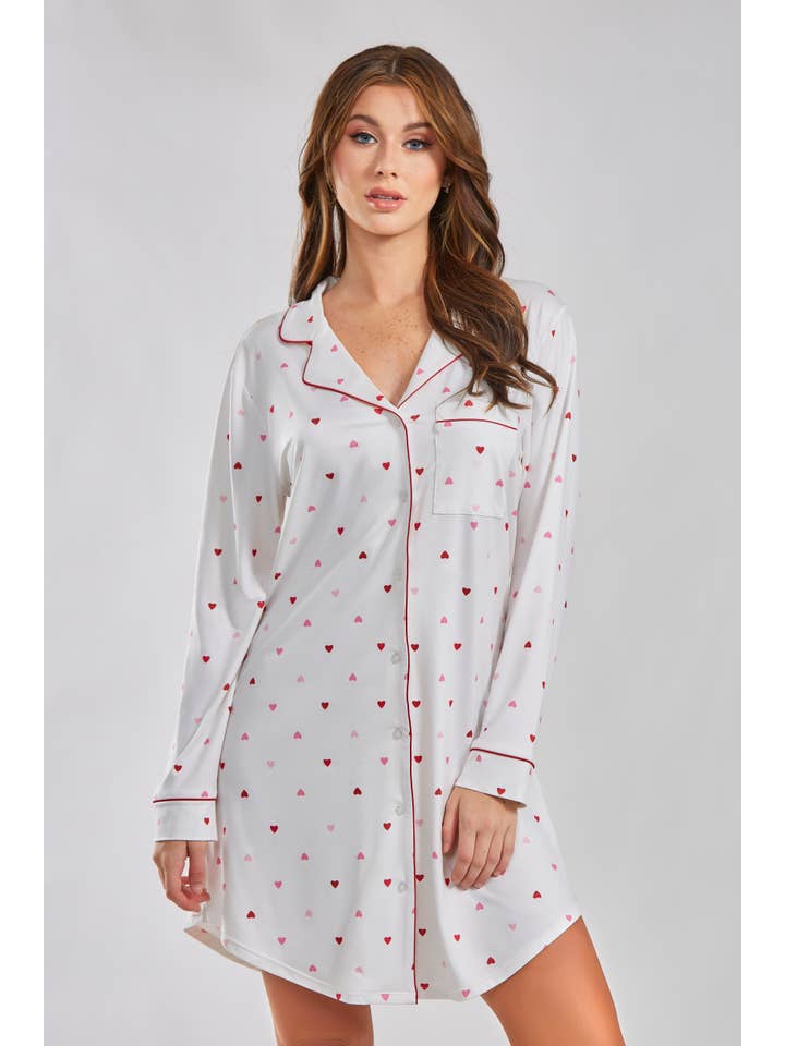 White Red Anjela Hearts Knit Sleep Shirt Button Down for wholesale on Faire