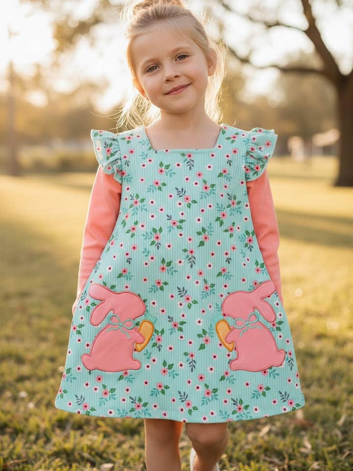 Floral ribbed long sleeve dress with bunny applique. DRG60470 AMY for wholesale by Kids Charm Online