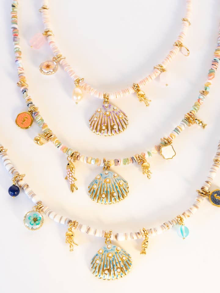 Heishi Bead Scallop Charm Necklace for wholesale by Bali Queen